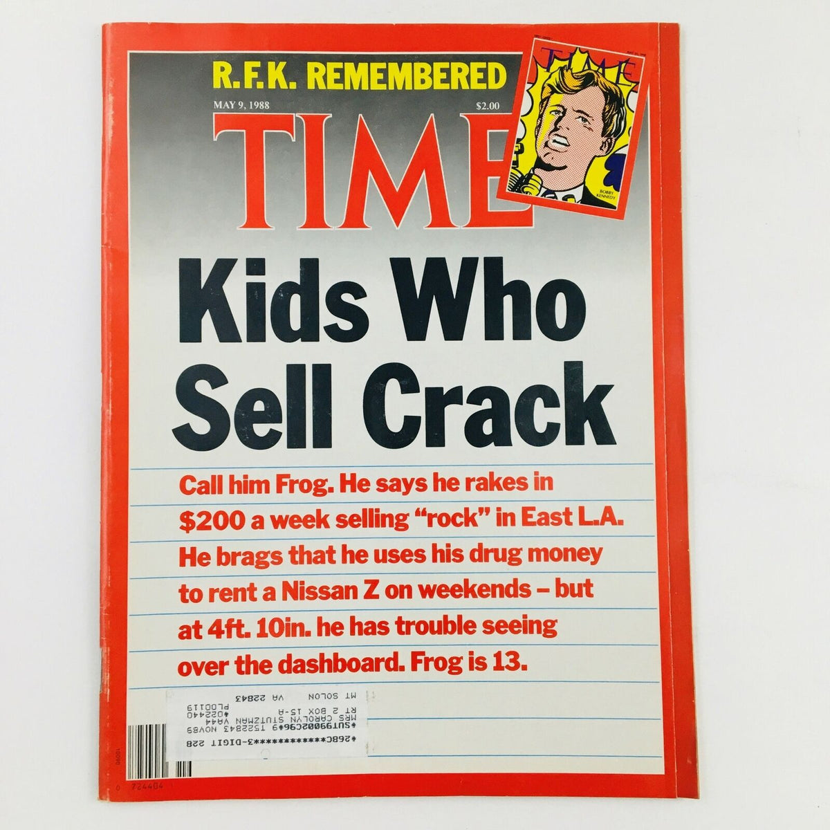 Time Magazine cover from May 9, 1988, featuring the title 'R.F.K. Remembered' and the cover story 'Kids Who Sell Crack', highlighting important cultural issues of the late 1980s.