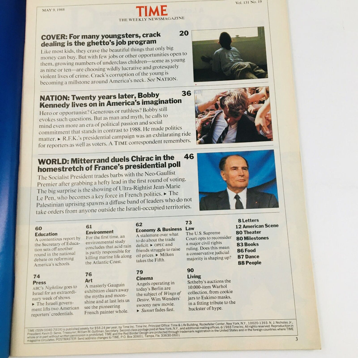 Interior page of Time Magazine May 9, 1988, featuring articles on crack dealing, Bobby Kennedy, and French presidential politics, showcasing a historical snapshot of significant social issues and events.