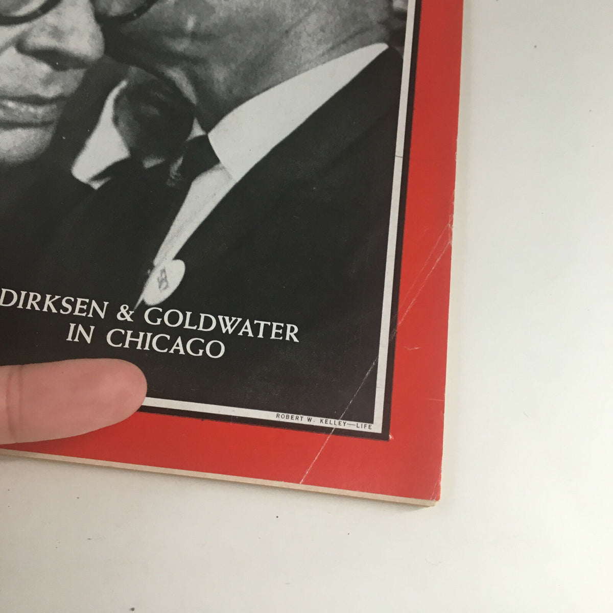 Close-up view of the cover of Time Magazine July 10, 1964, featuring the names Everett Dirksen and Barry Goldwater with photo highlights from Chicago.