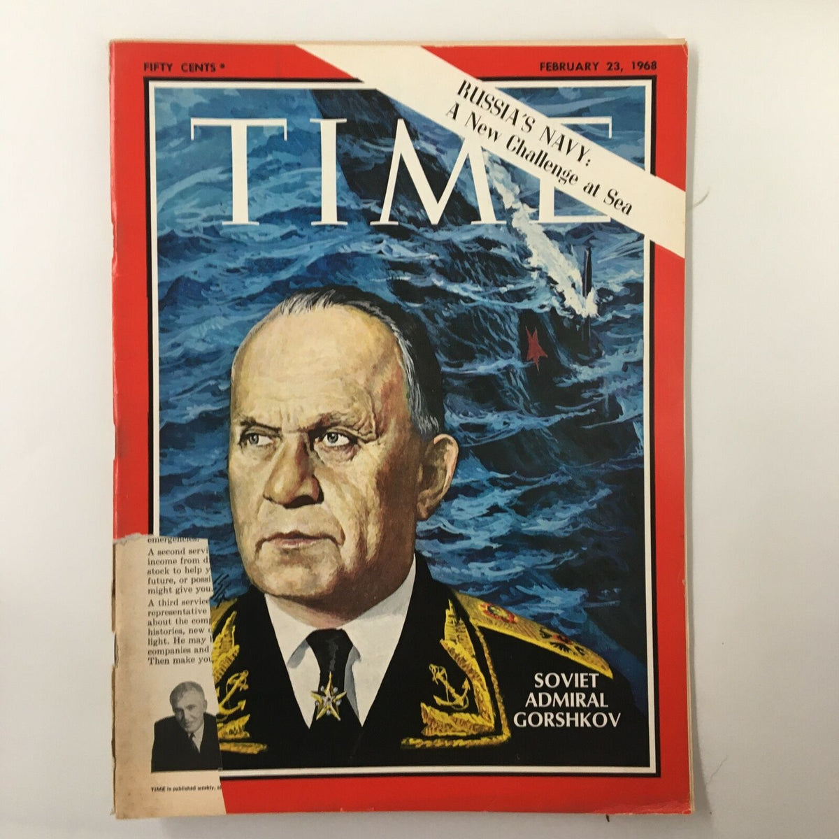 Cover of VTG Time Magazine February 23 1968 featuring Soviet Admiral Gorshkov against a blue ocean background, highlighting Russia's Navy.