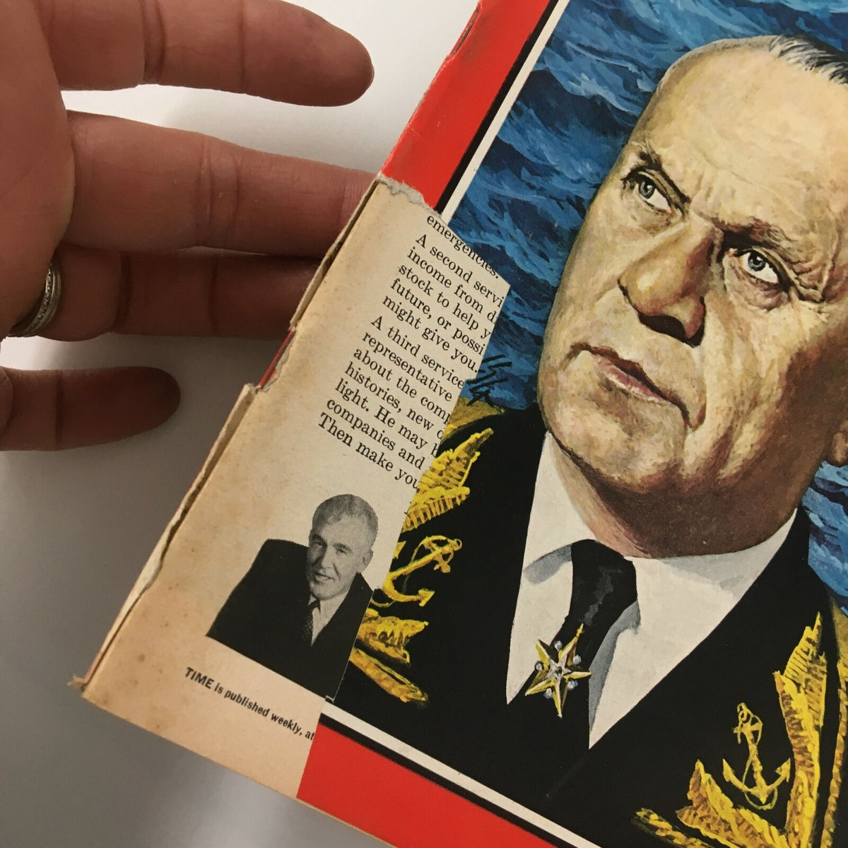 Close-up view of the VTG Time Magazine February 23 1968 cover showing Soviet Admiral Gorshkov, including an article snippet and cover details.