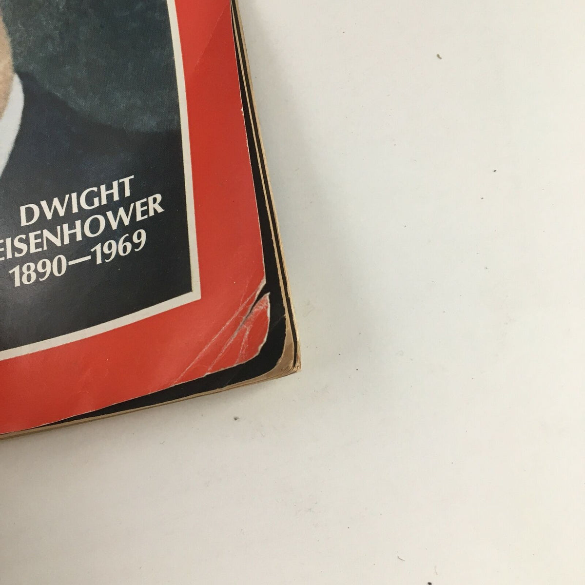 Close-up of the cover of Time Magazine April 4 1969 Vol. 93 No. 14, highlighting the portrait of Dwight Eisenhower and details of minor wear on the magazine.