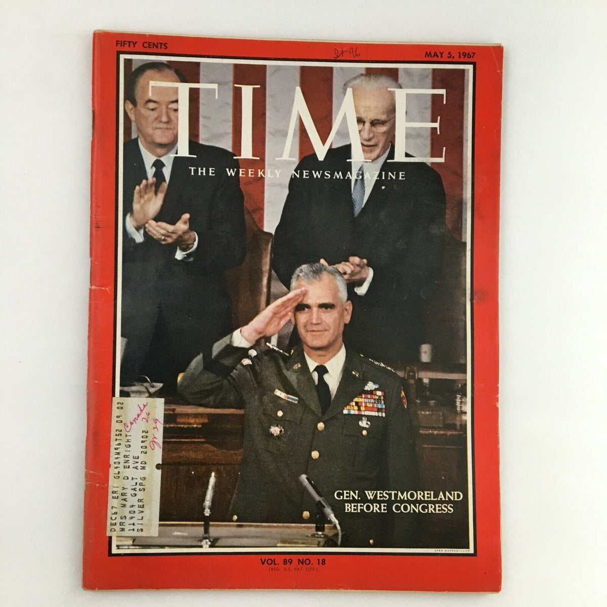 Cover of Time Magazine May 5, 1967, Vol. 89 No. 18 featuring General Westmoreland saluting before Congress, highlighting his testimony on the Vietnam War.