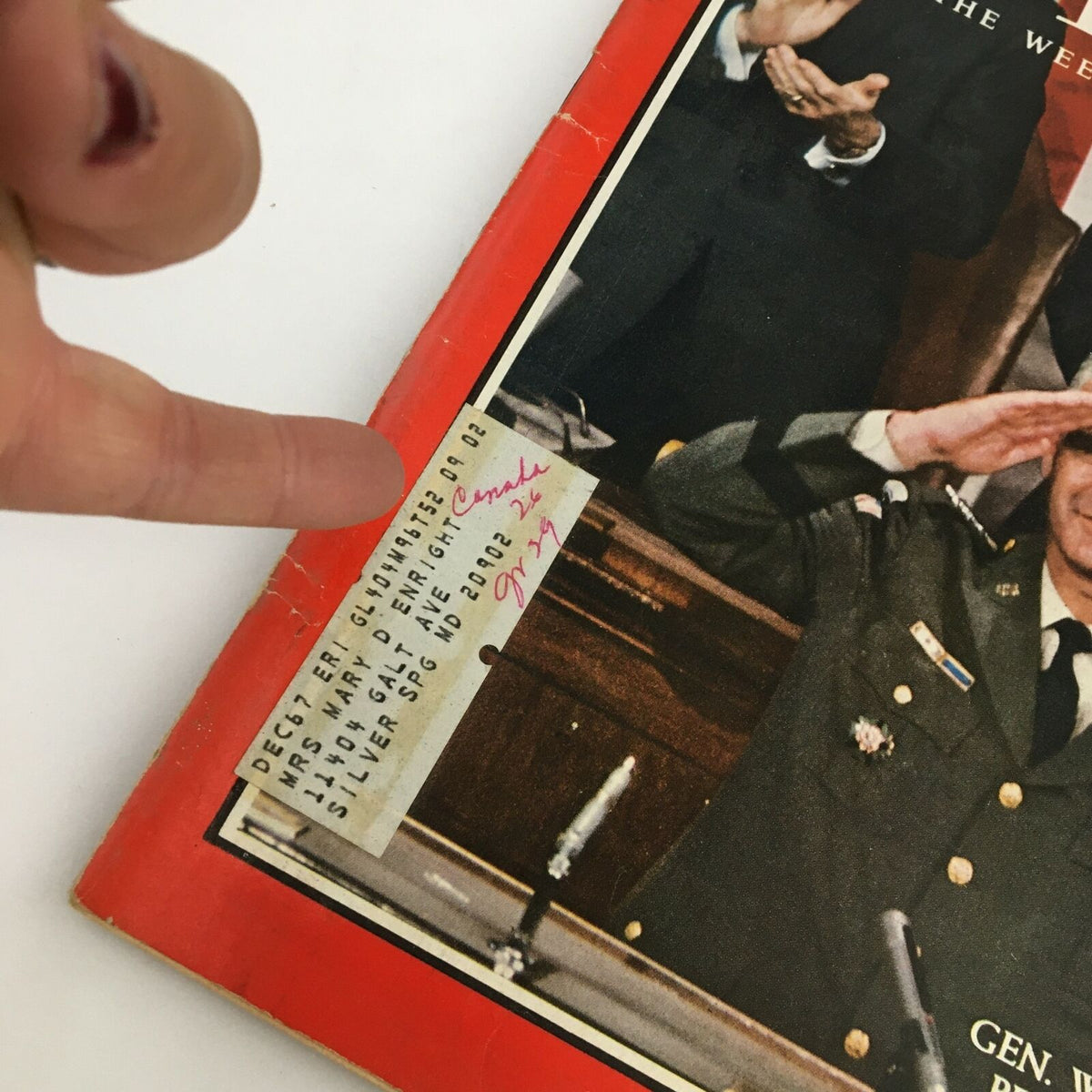 Close-up of the Time Magazine address label from May 5, 1967, Vol. 89 No. 18 with details about the recipient, adding authenticity to the collectible.