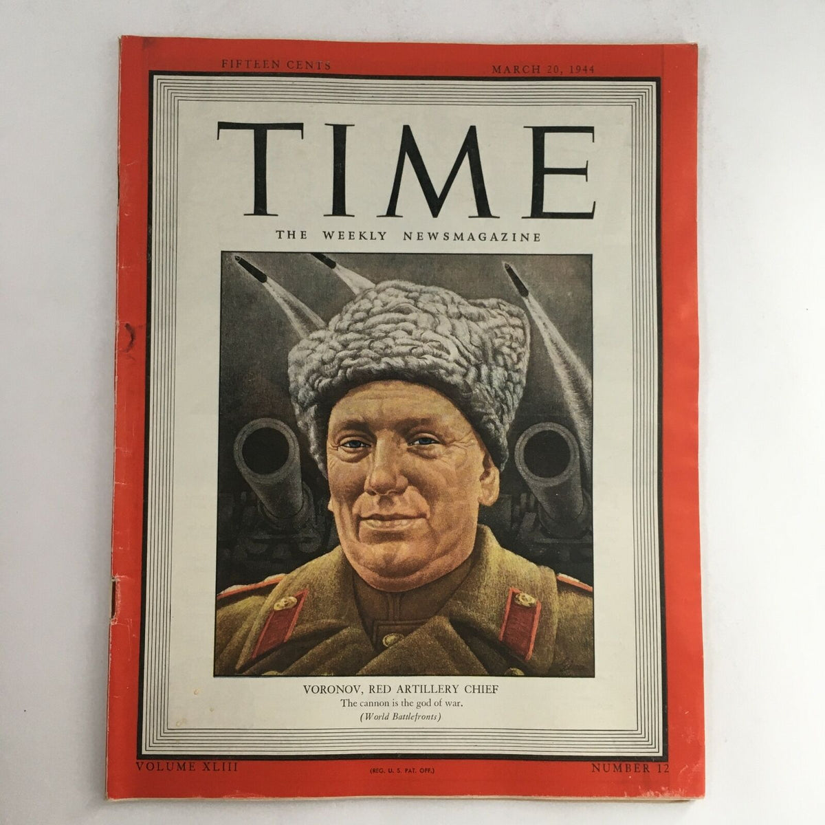 Cover of Time Magazine March 20, 1944, Vol 43 #12 featuring Nikolay Voronov, Red Artillery Chief, with artillery in the background and the headline 'Voronov, Red Artillery Chief' at the bottom.