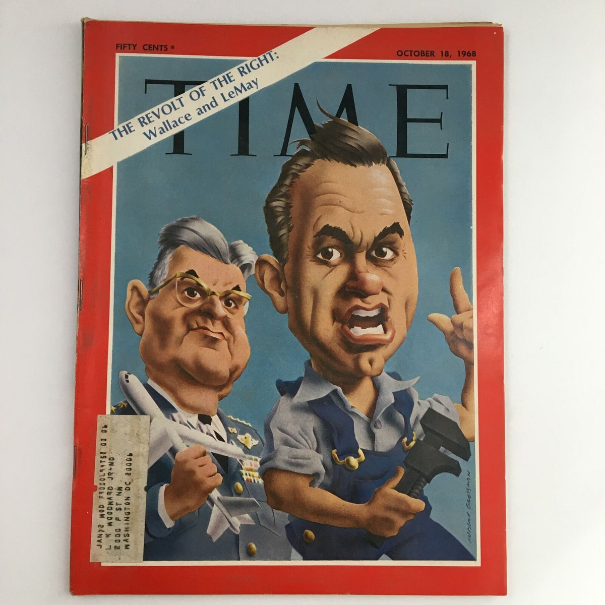 Cover of Time Magazine from October 18, 1968, featuring caricatures of George Wallace and Wallace LeMay, highlighting the political theme 'The Revolt of the Right'.