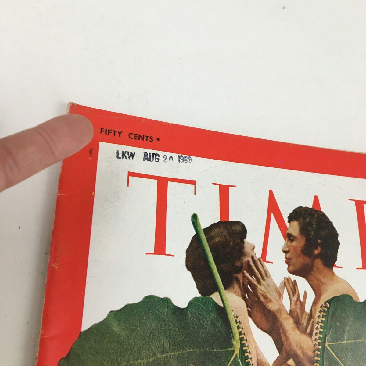 Close-up of the top corner of Time Magazine July 11, 1969, displaying the price 'FIFTY CENTS' and a date stamp, associated with the issue on 'The Sex Explosion in America'.