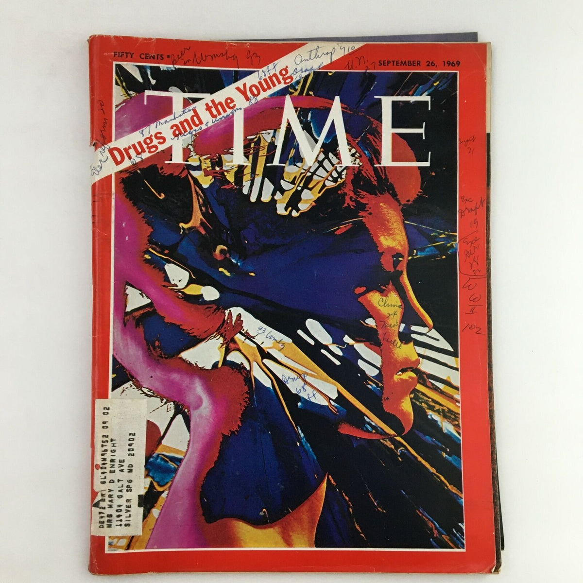 Cover of Time Magazine September 26 1969, Vol. 94 No. 13, featuring a vibrant artistic design with the headline 'Drugs and the Young'.