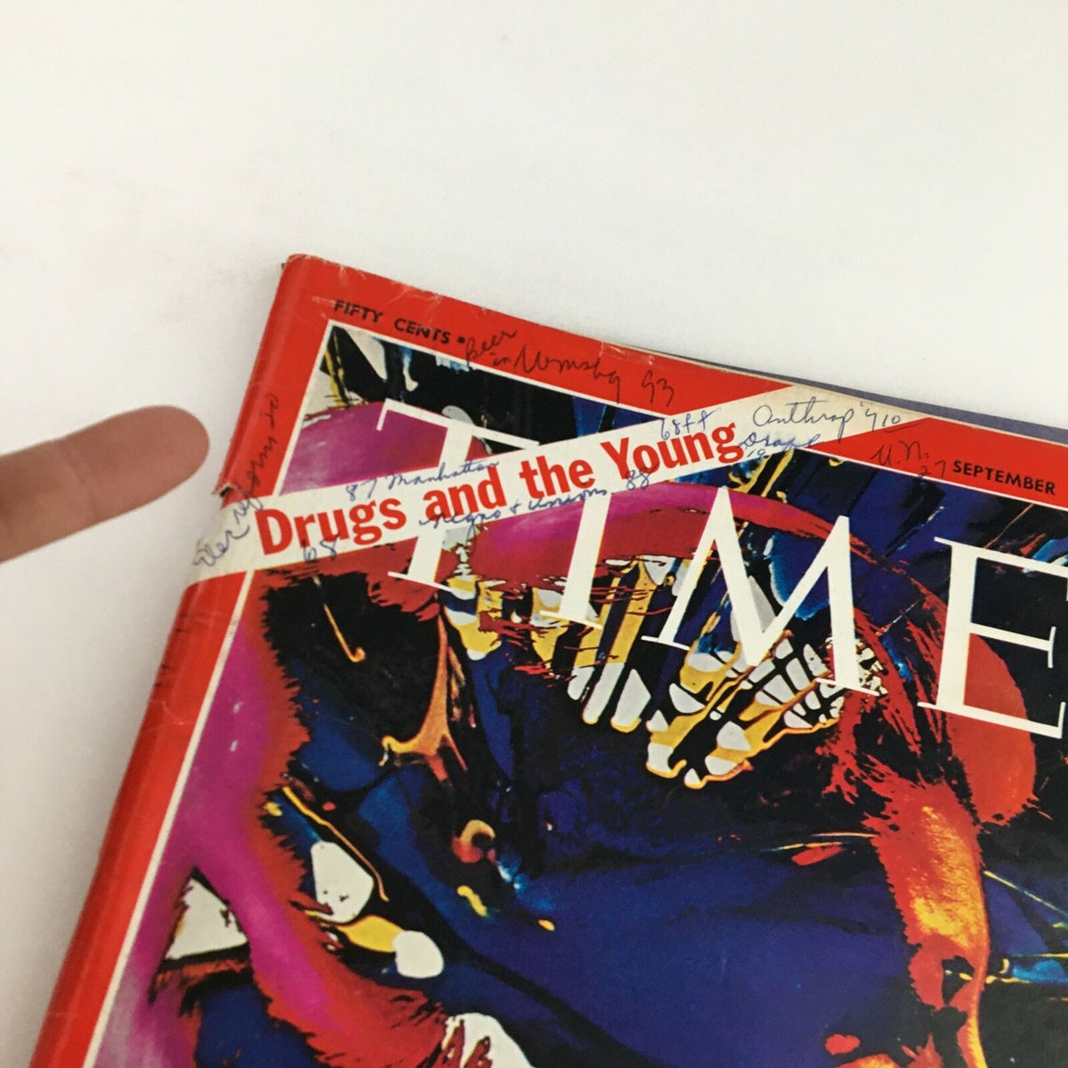 Side view of Time Magazine September 26 1969, Vol. 94 No. 13, showcasing the cover with 'Drugs and the Young' prominently displayed.
