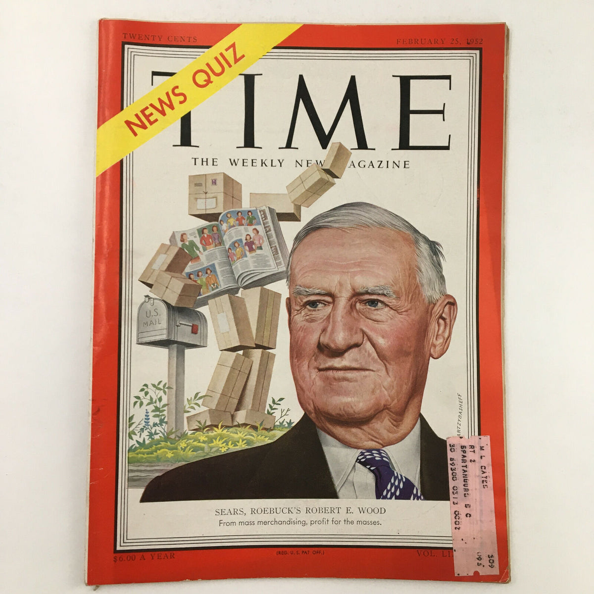 Time Magazine cover from February 25, 1952, featuring an illustration of Sears Roebuck's Robert E. Wood, showcasing business themes with boxes and a mailbox, highlighting the retail landscape of the early 1950s. Vol. 59 No. 8.