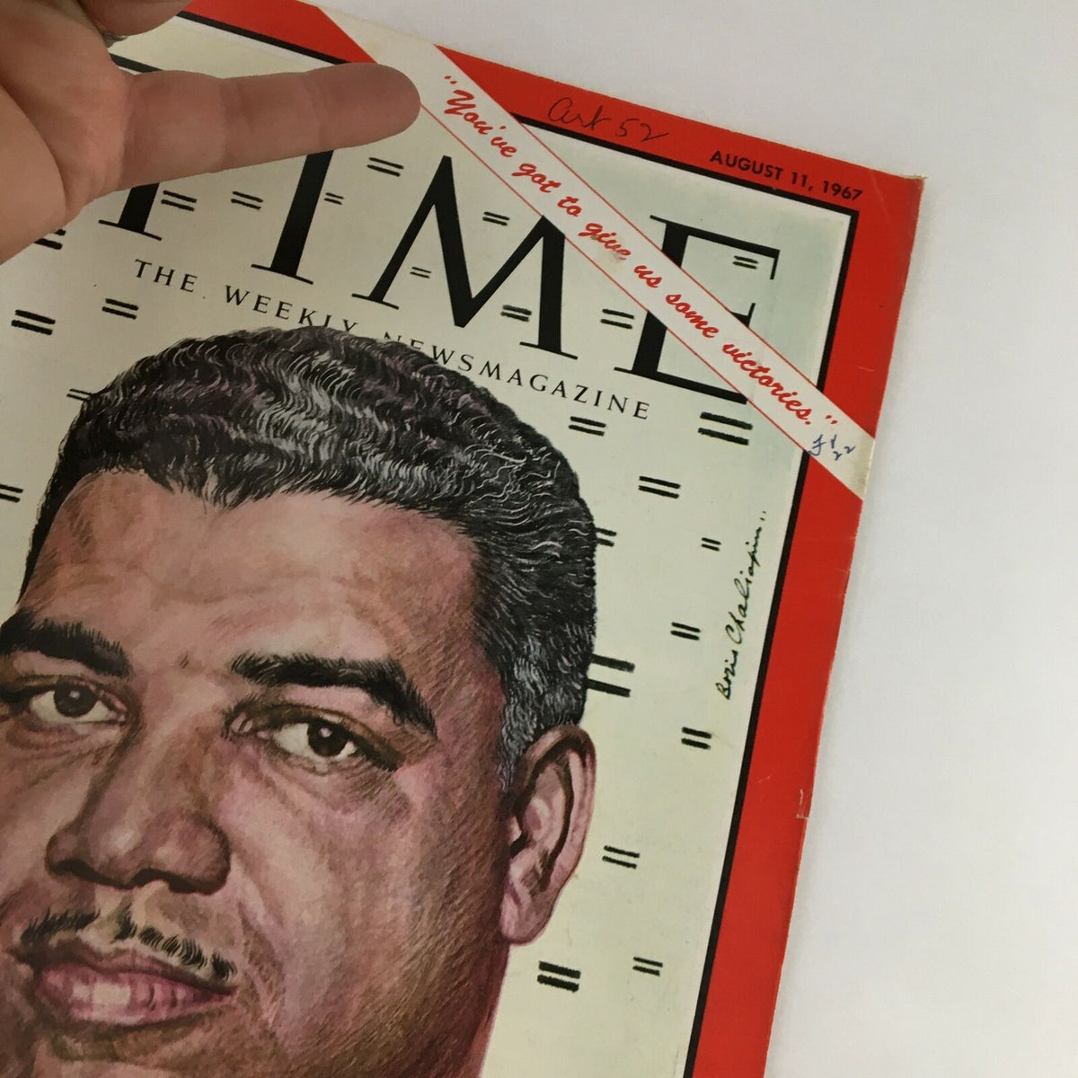 Close-up of Time Magazine August 11 1967 Vol. 90 No. 6 cover, highlighting Urban League's Whitney Young, with visible wear and a price tag, emphasizing its collectible nature.