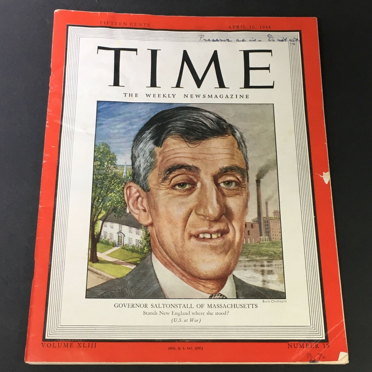 Vintage Time Magazine #15 April 10 1944 - Governor Leverett Saltonstall of MA