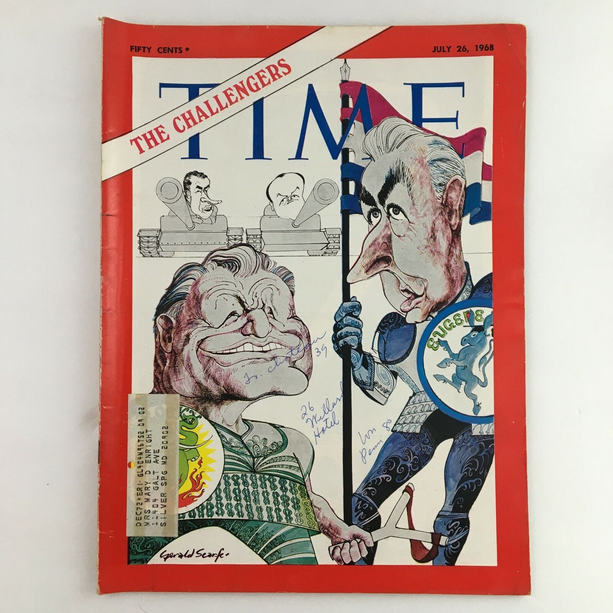 Time Magazine dated July 26, 1968, featuring a caricature illustration titled 'The Challengers,' depicting Nelson Rockefeller and Eugene McCarthy on the cover.