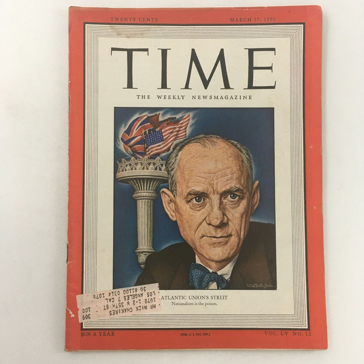 VTG Time Magazine March 27 1950 featuring American journalist Clarence Streit on the cover, showcasing a portrait against a background with flags and a monument, highlighting the themes of nationalism and media history.