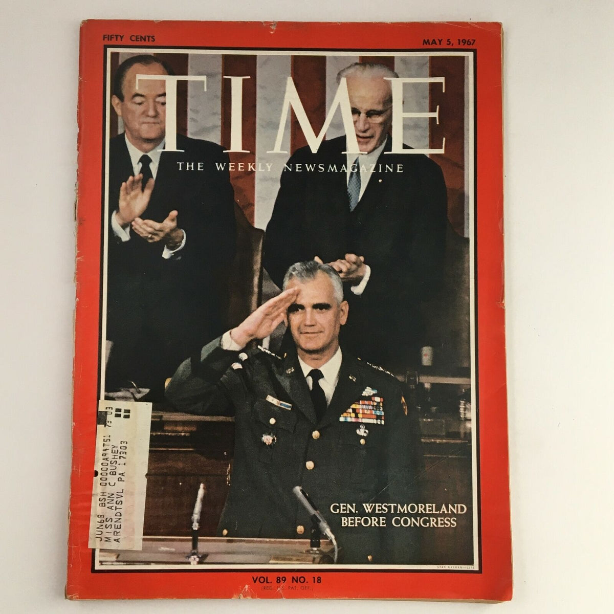 Time Magazine May 5 1967 cover featuring General William Westmoreland saluting before Congress, showcasing the political climate of the Vietnam War era.