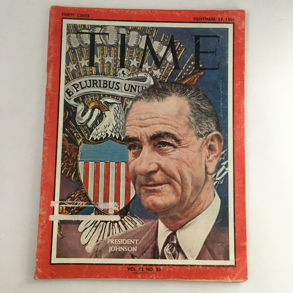 Cover of Time Magazine November 29, 1963, Volume 82, Number 22 featuring President Lyndon B. Johnson, showcasing a historical illustration with the presidential seal.