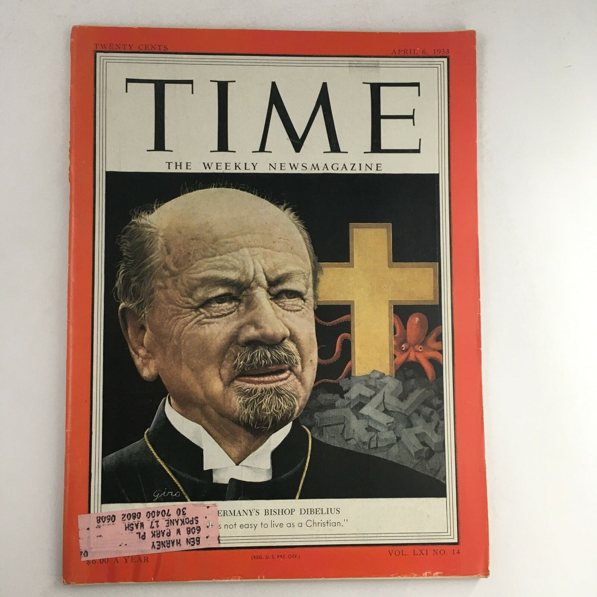 Cover of Time Magazine from April 6, 1953, featuring Germany's Bishop F. K. Otto Dibelius, showcasing significant historical context and a bold visual design.