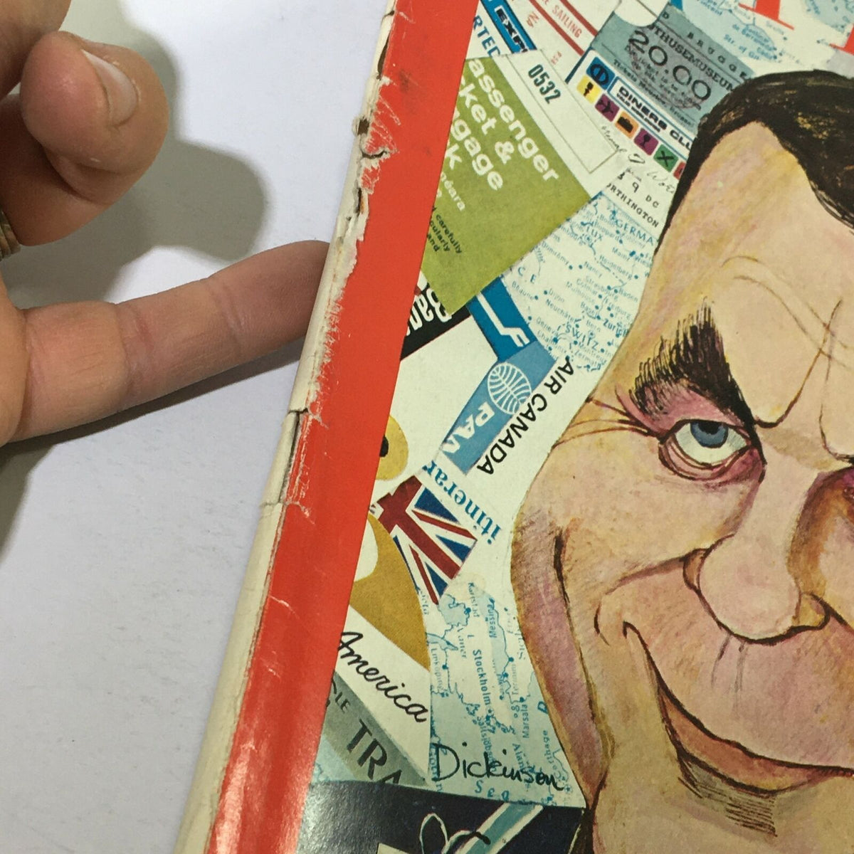 Side view of VTG Time Magazine June 6, 1969, highlighting minor wear and tear on the spine, with cover details including Leonid Brezhnev and travel-themed design elements.