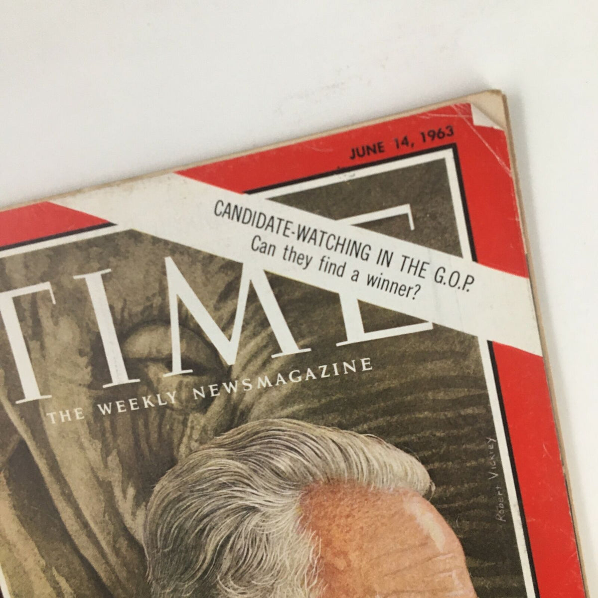 Close-up of Time Magazine June 14 1963 cover displaying a headline about candidate watching in the G.O.P., featuring Senator Barry Goldwater.