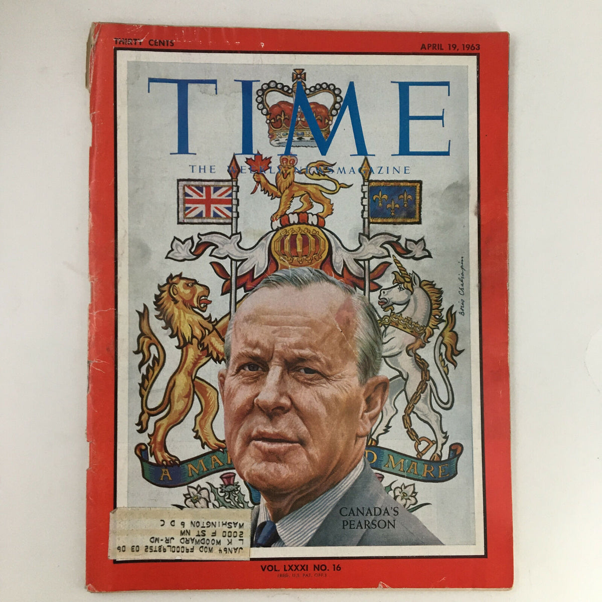 Time Magazine April 19 1963 cover featuring Canada's Prime Minister Lester B. Pearson, showcasing a colorful backdrop with national symbols and an address label, highlighting notable historical significance.