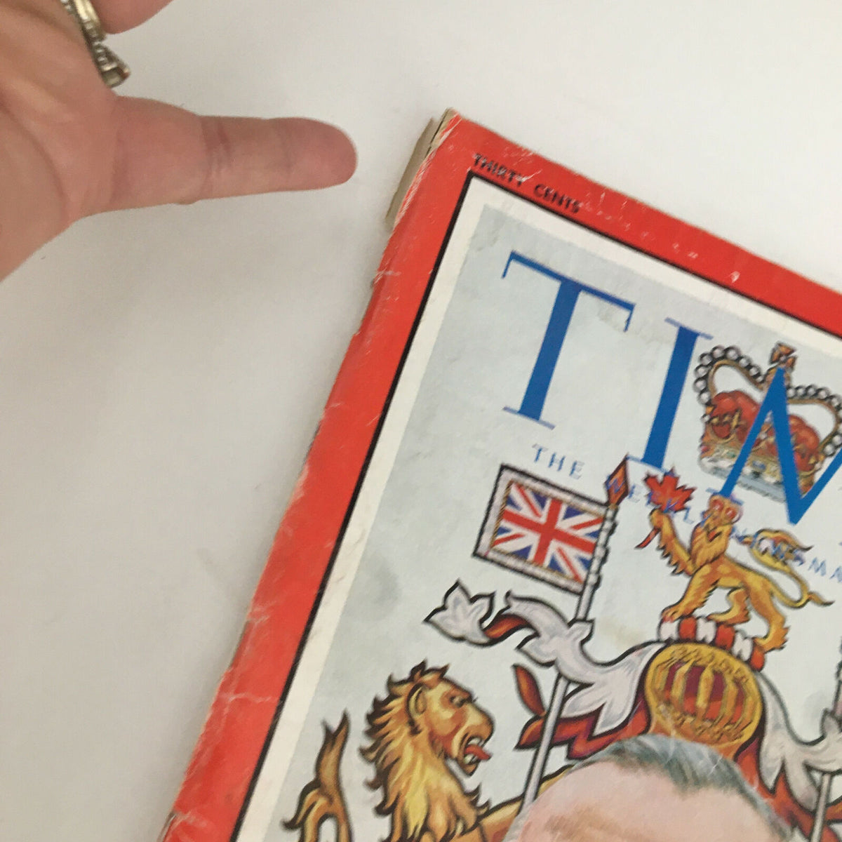 Cover detail of Time Magazine April 19 1963 featuring Canada's Lester B. Pearson, showcasing vibrant colors and historical emblems.