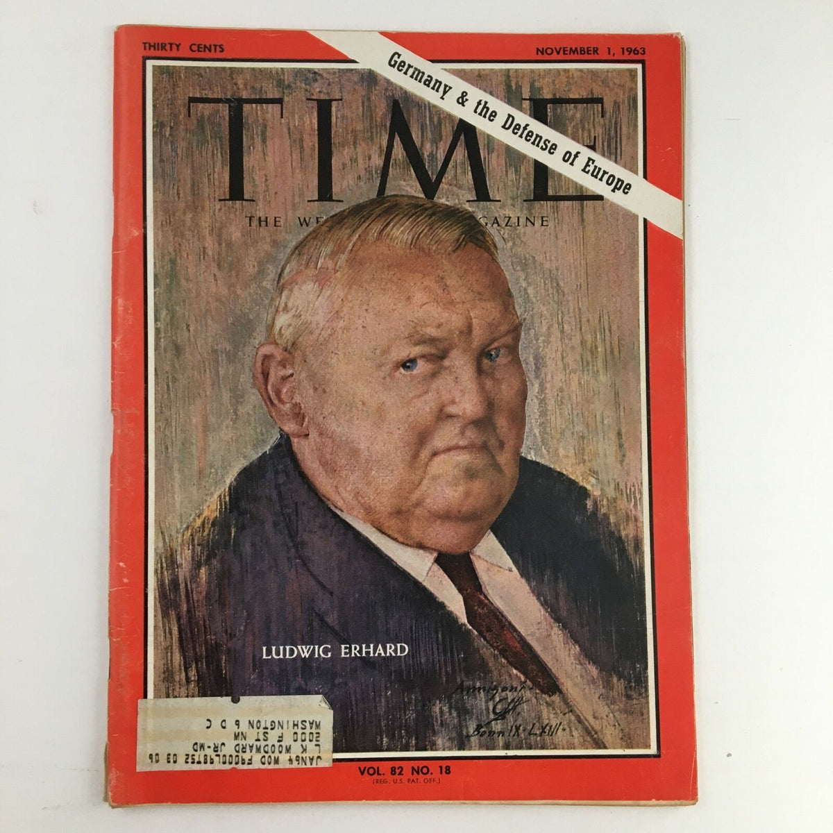 Time Magazine cover from November 1, 1963, Volume 82 No. 18 featuring Ludwig Erhard, with a focus on Germany and the Defense of Europe.