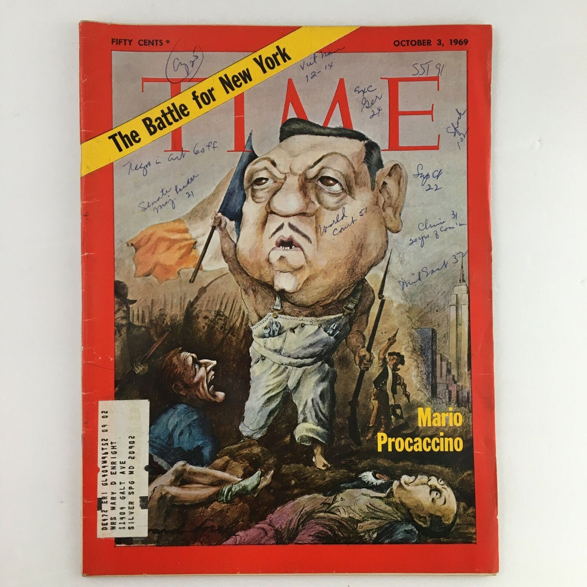 Cover of Time Magazine from October 3, 1969, featuring the title 'The Battle for New York' and a caricature of Mario Procaccino. The magazine includes handwritten notes and an address label, highlighting its vintage appeal.