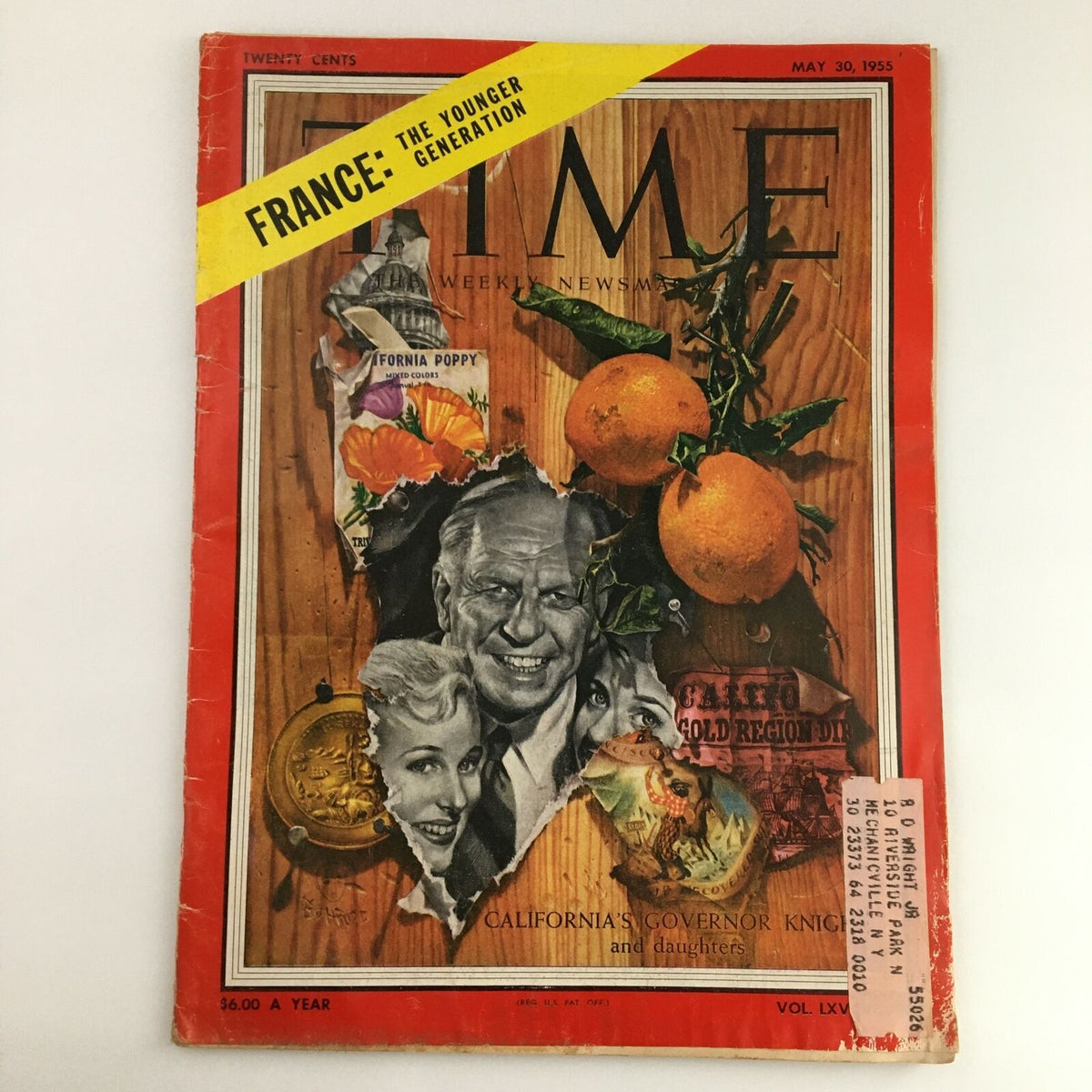 Time Magazine May 30, 1955, featuring California Governor Goodwin Knight on the cover, showcasing vibrant illustrations of California's landscape including oranges, poppies, and historical elements.