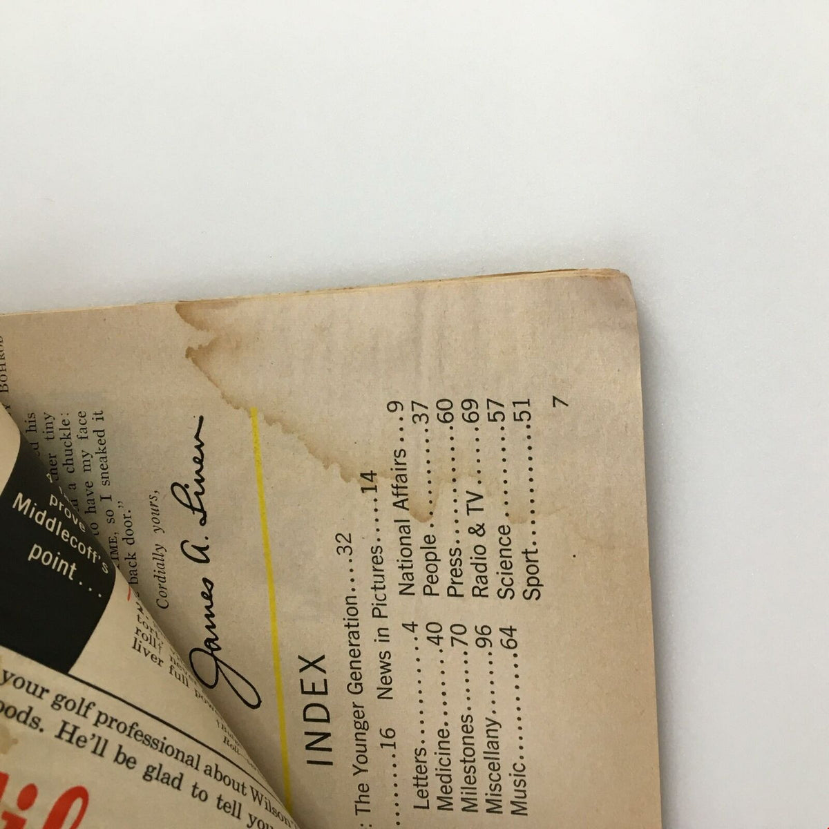 Time Magazine May 30 1955, showcasing a page with the index and some slight staining, reflecting its vintage condition.