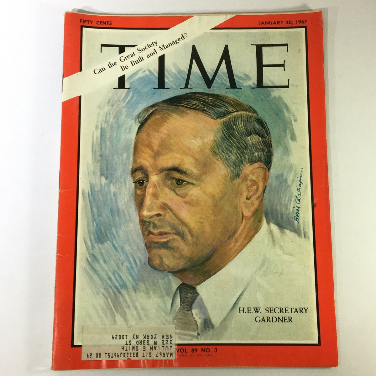Vintage Time Magazine cover from January 20, 1967, featuring H.E.W. Secretary John William Gardner. The illustration captures Gardner's profile, accompanied by the bold title 'TIME' and the question 'Can the Great Society Be Built and Managed?'. Ideal for collectors and history enthusiasts.