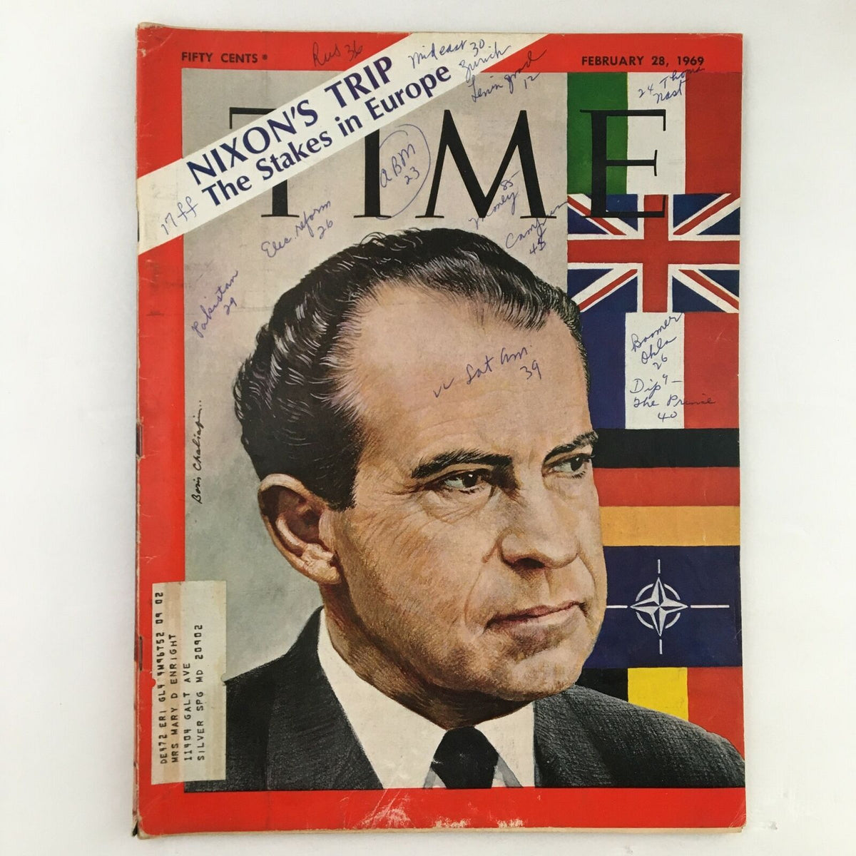 Time Magazine February 28, 1969 cover featuring Richard Nixon, with the headline 'Nixon's Trip - The Stakes in Europe' and various handwritten notes.
