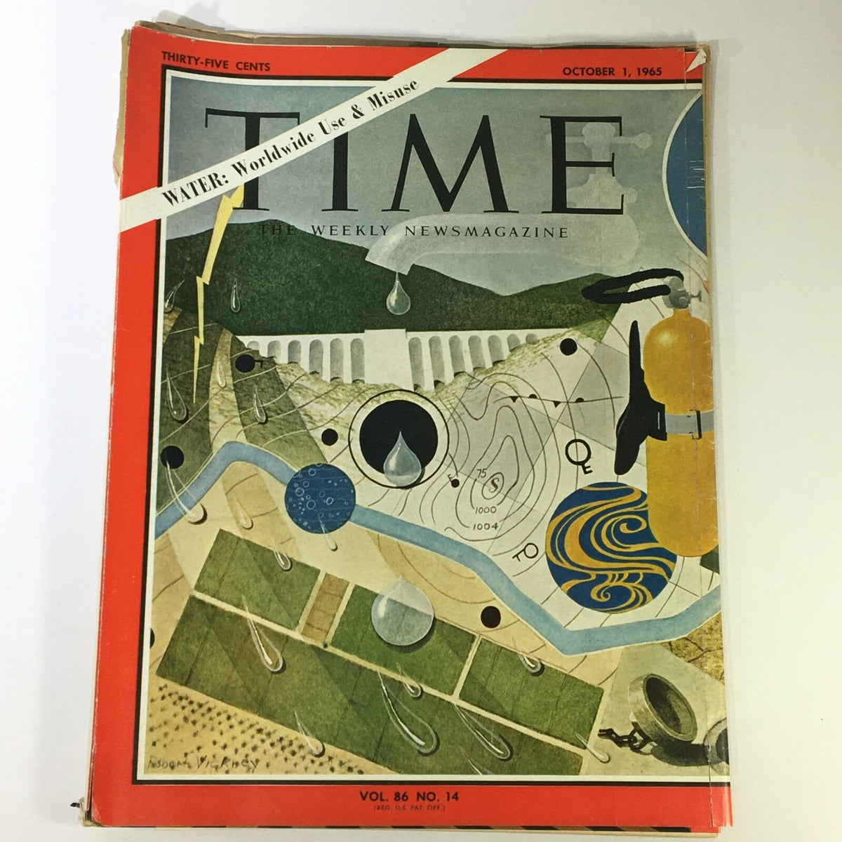 Cover of VTG Time Magazine October 1, 1965, Volume 86 No. 14, featuring the theme 'Water: Worldwide Use and Misuse' with a detailed artistic illustration of water resources.