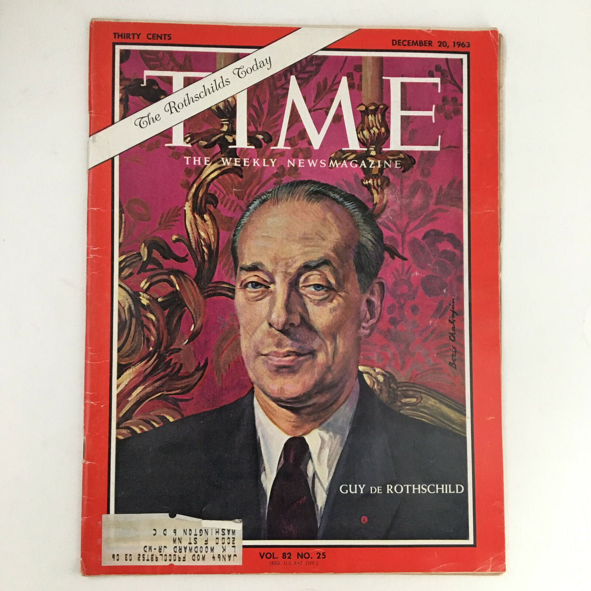 Cover of Time Magazine December 20 1963, featuring The Guy de Rothschild Today, Volume 82, Number 25. Includes a portrait of Guy de Rothschild against a vibrant backdrop.