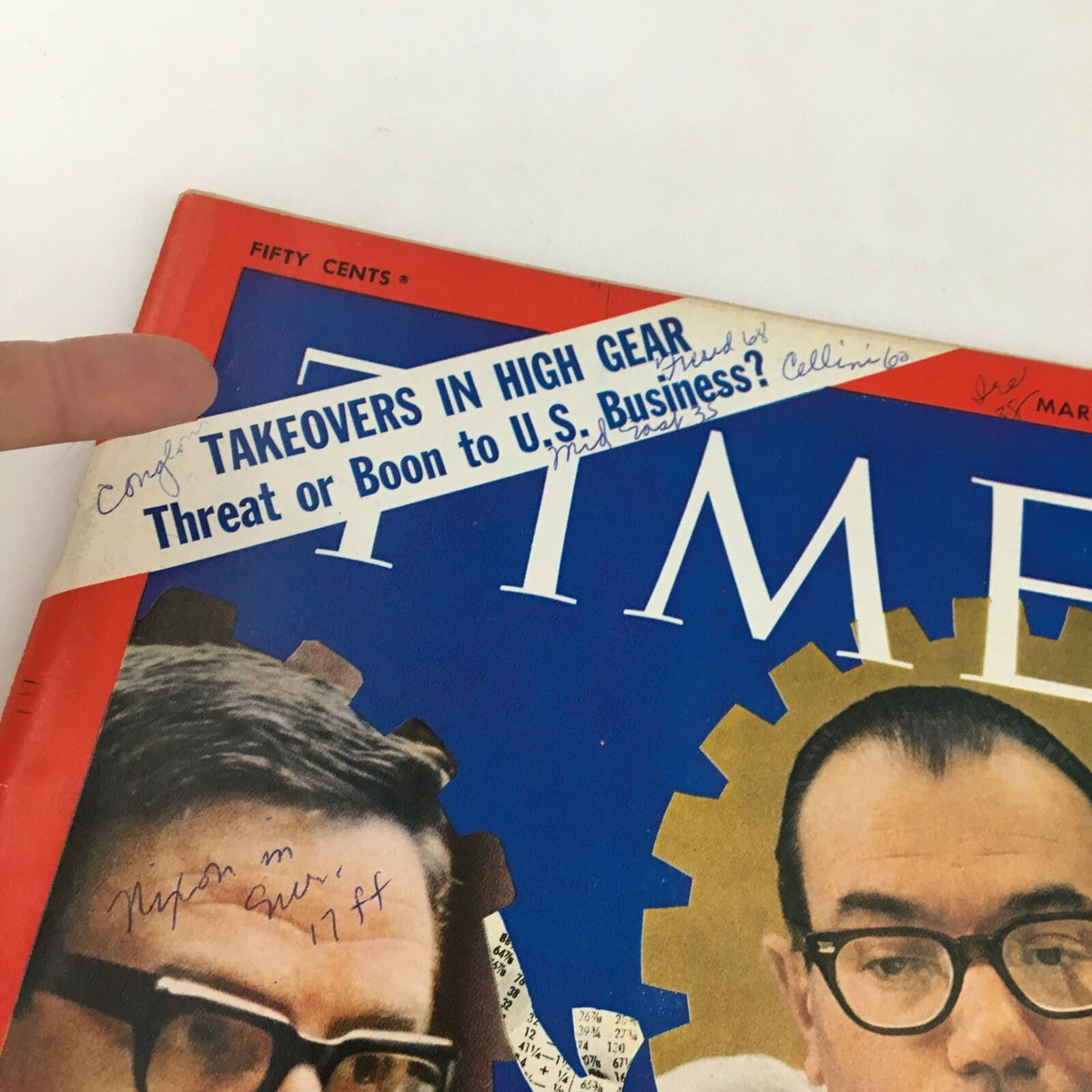 Close-up of the Time Magazine cover from March 7, 1969, highlighting the title 'Takeovers in High Gear: A Threat?' and detailing a handwritten note above.