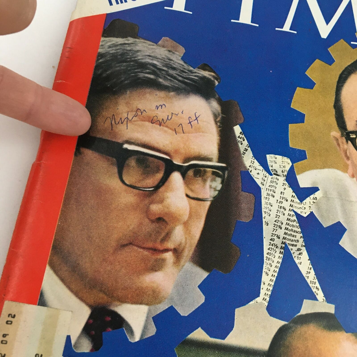 Detailed view of the Time Magazine cover from March 7, 1969, focusing on the face of a featured business figure and the title 'Takeovers in High Gear: A Threat?' with handwritten annotations.