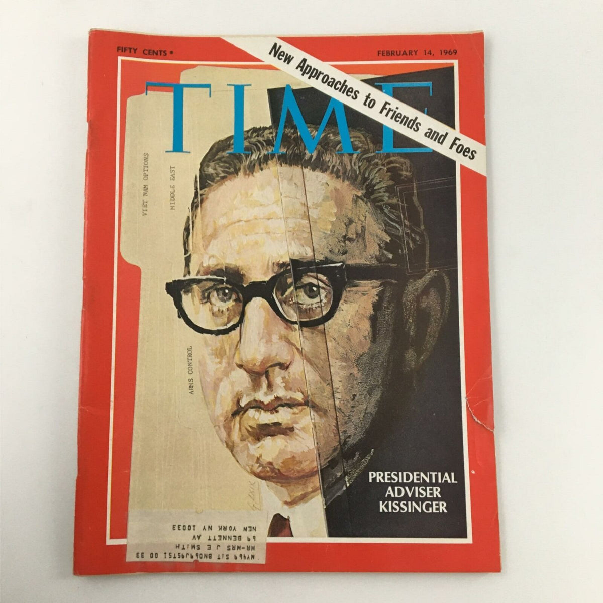 VTG Time Magazine February 14, 1969 featuring Henry Kissinger on the cover, discussing new approaches to friends and foes in American diplomacy.