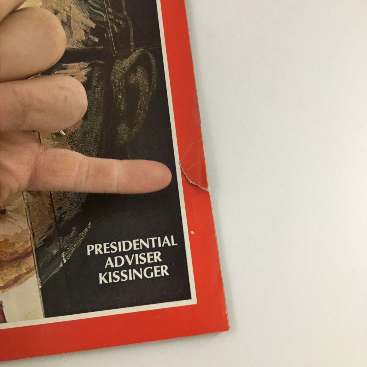 Close-up of the cover of VTG Time Magazine February 14, 1969 featuring 'Presidential Adviser Kissinger' text, highlighting significant themes in American diplomacy and politics during that era.
