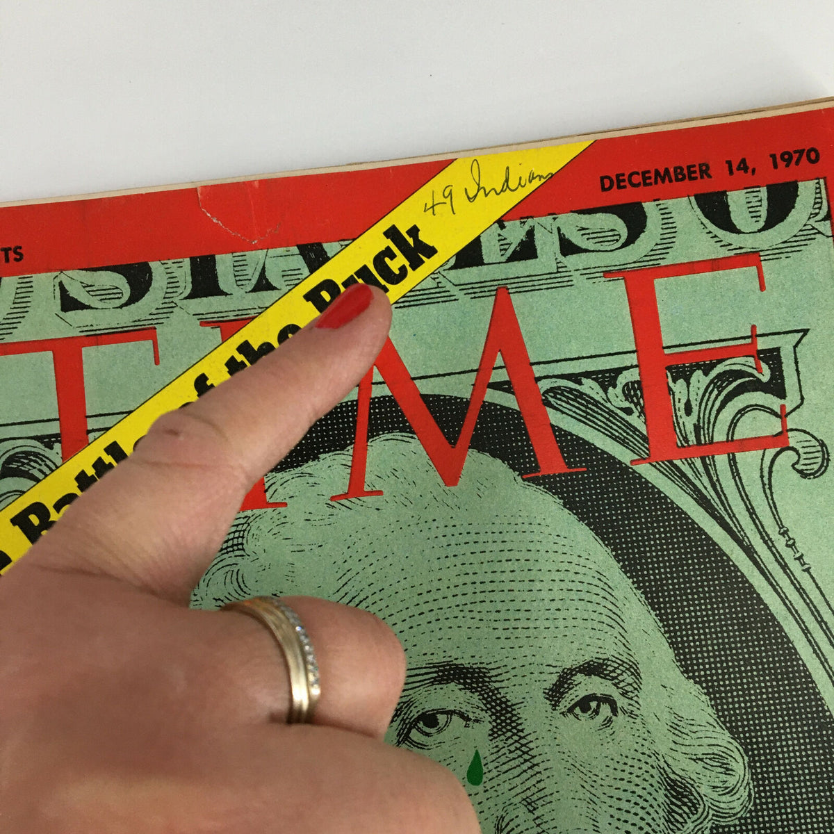 Close-up of the VTG Time Magazine December 14 1970 cover, highlighting the headline 'The Battle of the Buck' and a handwritten note with the date.