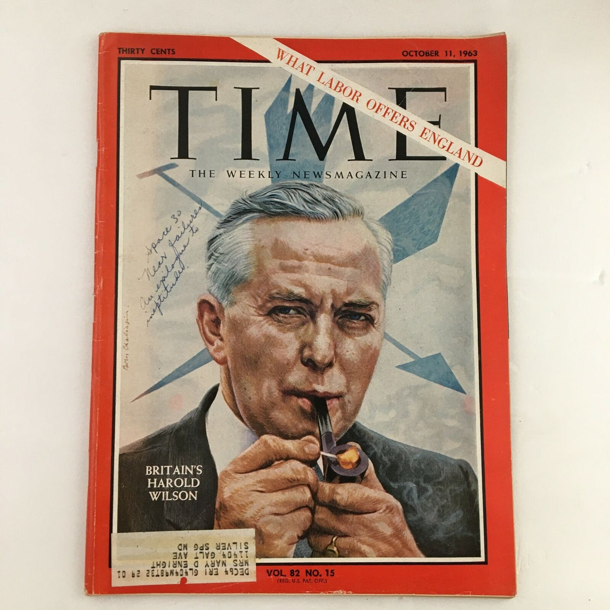 Time Magazine October 11 1963 Vol. 82 No. 15 featuring Britain's Prime Minister Harold Wilson on the cover, illustrating his iconic look with a pipe.