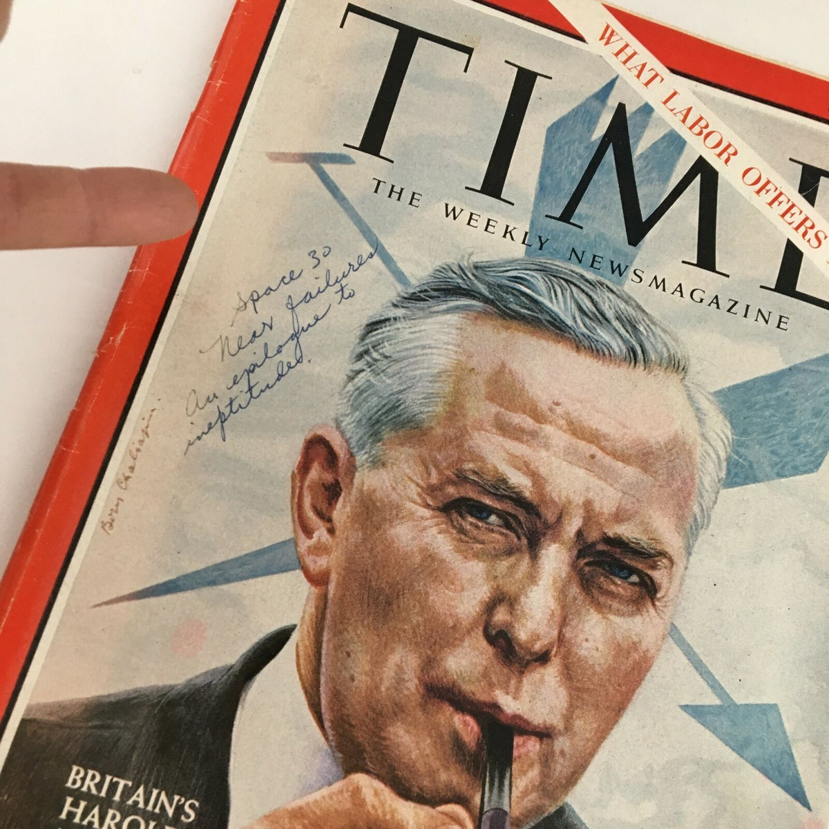 Close-up detail of Time Magazine October 11 1963 Vol. 82 No. 15 showcasing handwritten notes and address label on the cover featuring Britain's Harold Wilson.