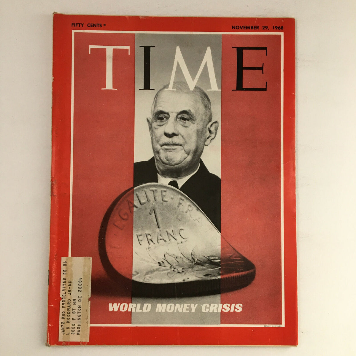 Time Magazine cover from November 29, 1968, featuring the title 'World Money Crisis' with a prominent image of a man alongside a 1 Franc coin, showcasing the historical significance of economic issues during that time.