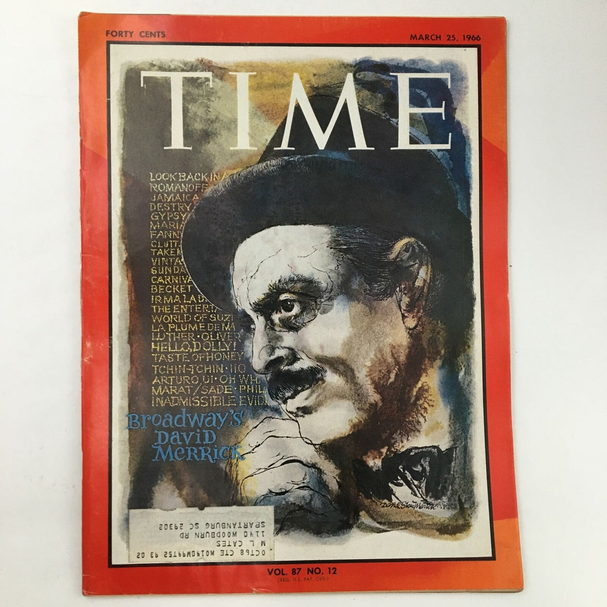 Cover of Time Magazine from March 25, 1966, featuring Broadway producer David Merrick, Volume 87, No. 12, with colorful artwork and a portrait of Merrick.