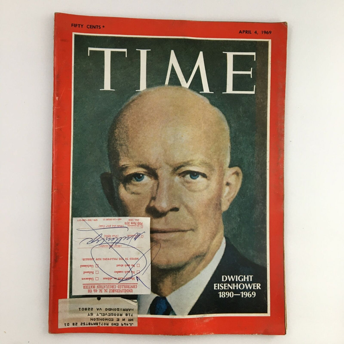Cover of Time Magazine from April 4, 1969, featuring a portrait of Dwight D. Eisenhower, commemorating his life from 1890 to 1969.