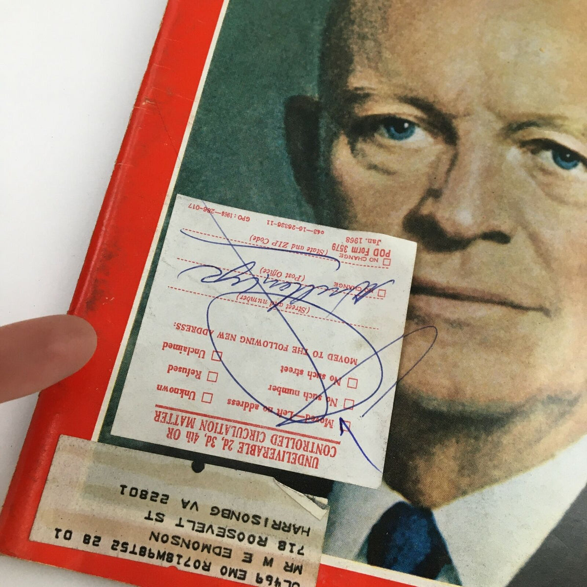 Detail shot of the address label and undeliverable notice on the cover of Time Magazine April 4, 1969, dedicated to Dwight D. Eisenhower 1890-1969.