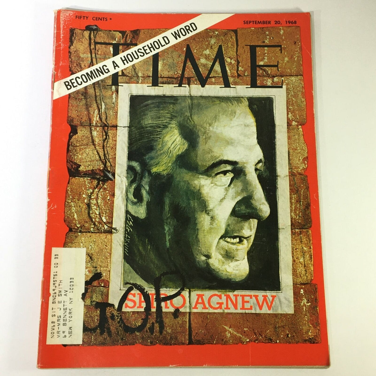 Cover of VTG Time Magazine from September 20, 1968 featuring Spiro Agnew, with the title 'Becoming a Household Word.' The magazine showcases a portrait of Agnew against a textured background, highlighting the political climate of the late 1960s.