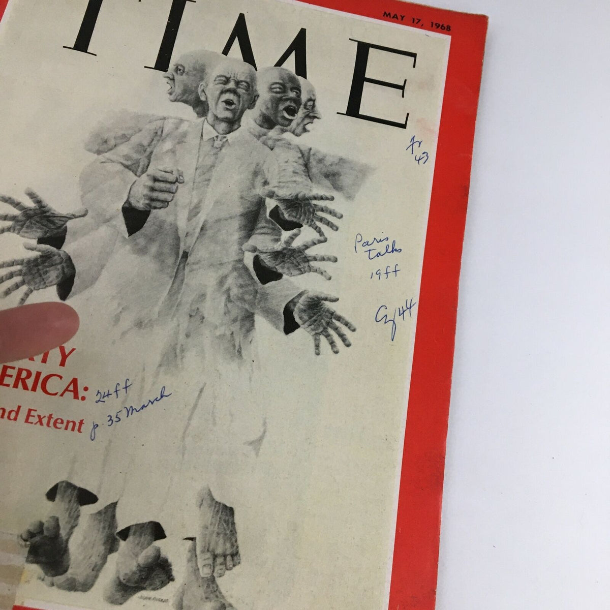 Detailed view of the Time Magazine cover dated May 17, 1968, highlighting the title 'Poverty in America: Its Cause and Extent,' with visible annotations and illustrations representing the topic.