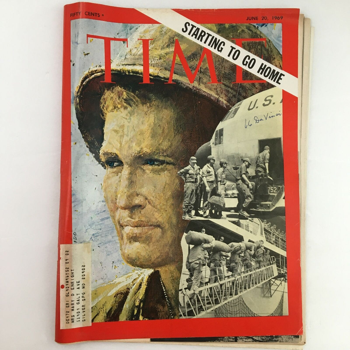 Cover of Time Magazine from June 20, 1969, featuring the headline 'Starting To Go Home,' with an illustration of a soldier and a U.S. military plane, symbolizing the U.S. Army's withdrawal from Vietnam.
