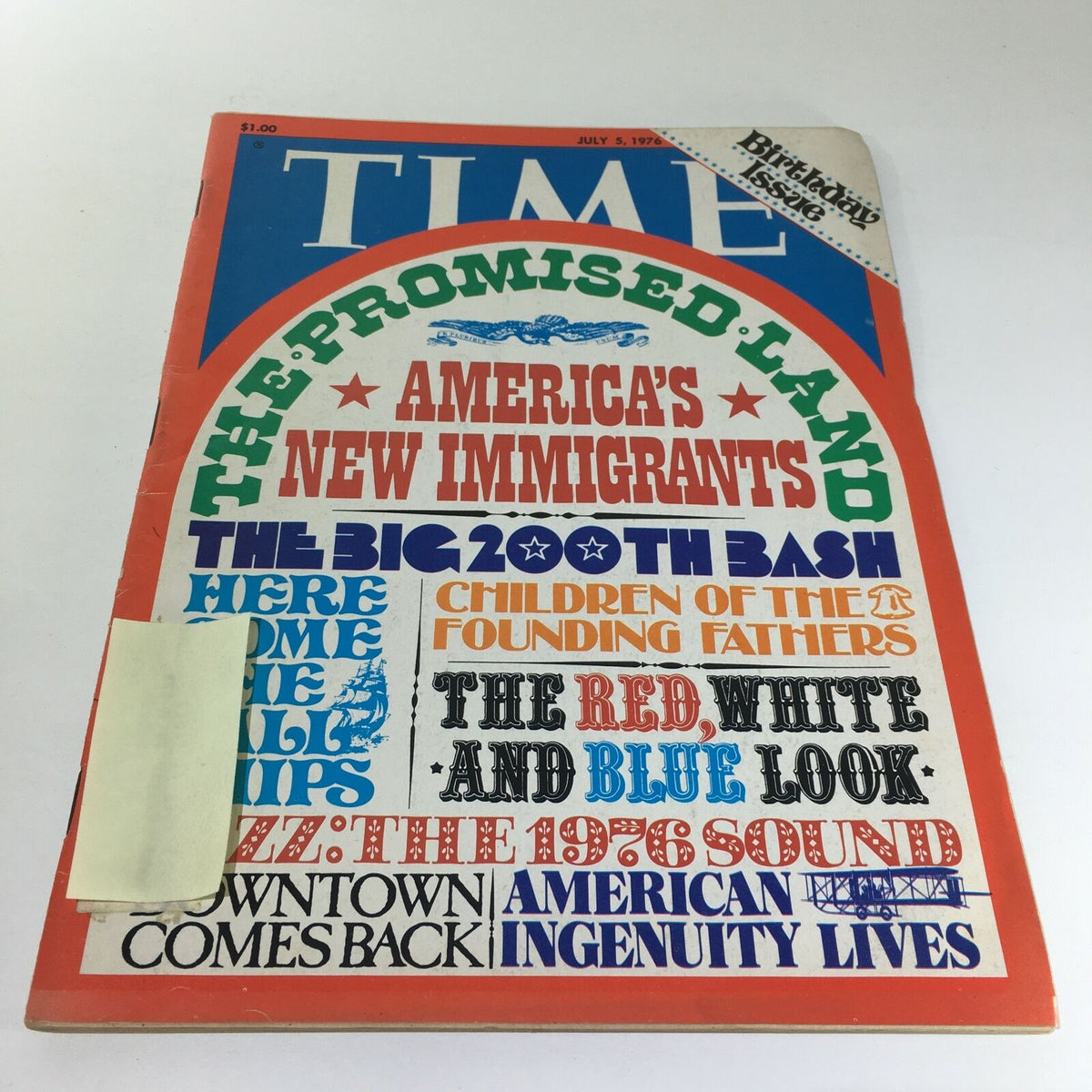 Inside pages of Time Magazine, July 5, 1976, showcasing historical articles and imagery related to America's 200th birthday.