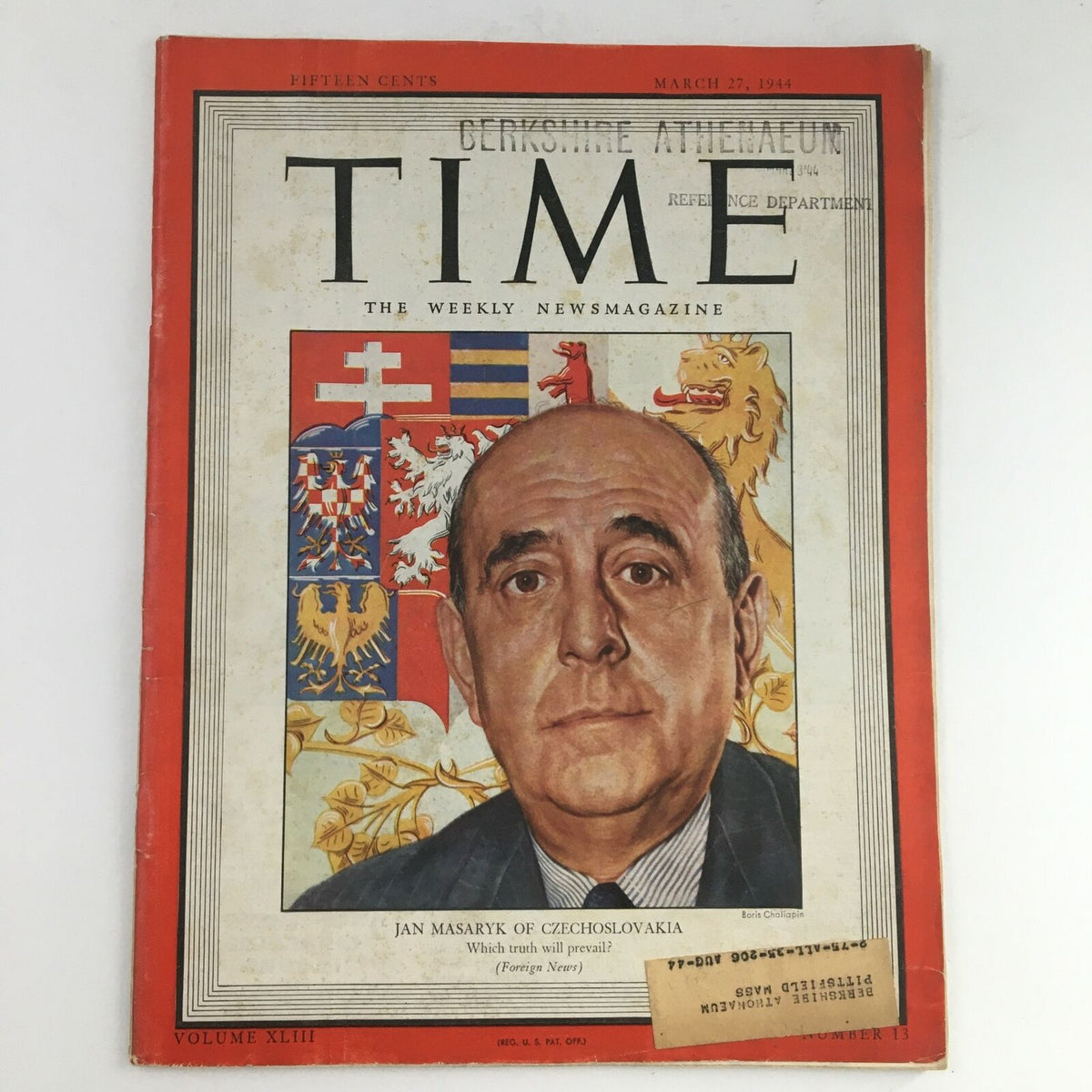 Cover of Time Magazine from March 27, 1944, featuring Czechoslovakian diplomat Jan Masaryk, highlighting the political themes of World War II.