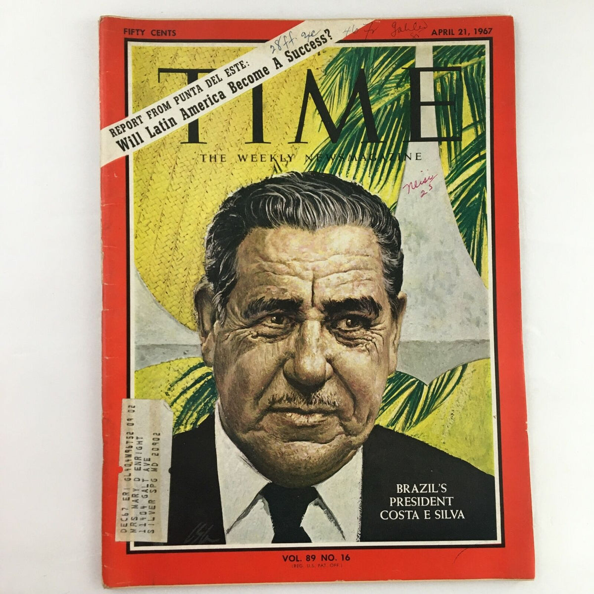 Time Magazine April 21 1967 featuring Brazil's President Costa E Silva on the cover. This vintage magazine includes insights into Brazilian politics during a significant historical period.